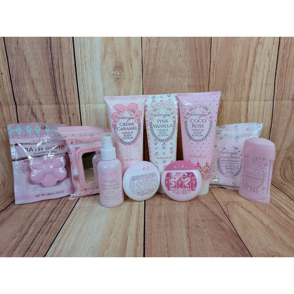 10 Pc Amberglow Beauty Set Lotion, Wave Spray, Wipes, Deodorant, Bath Bomb etc
